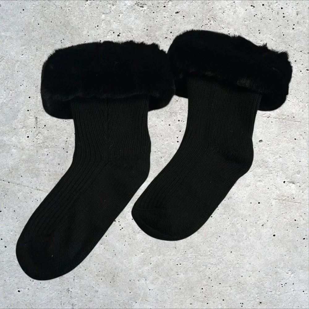 Boot Socks Womens‎ OS Black Faux Fur Trim Ribbed Knit Winter